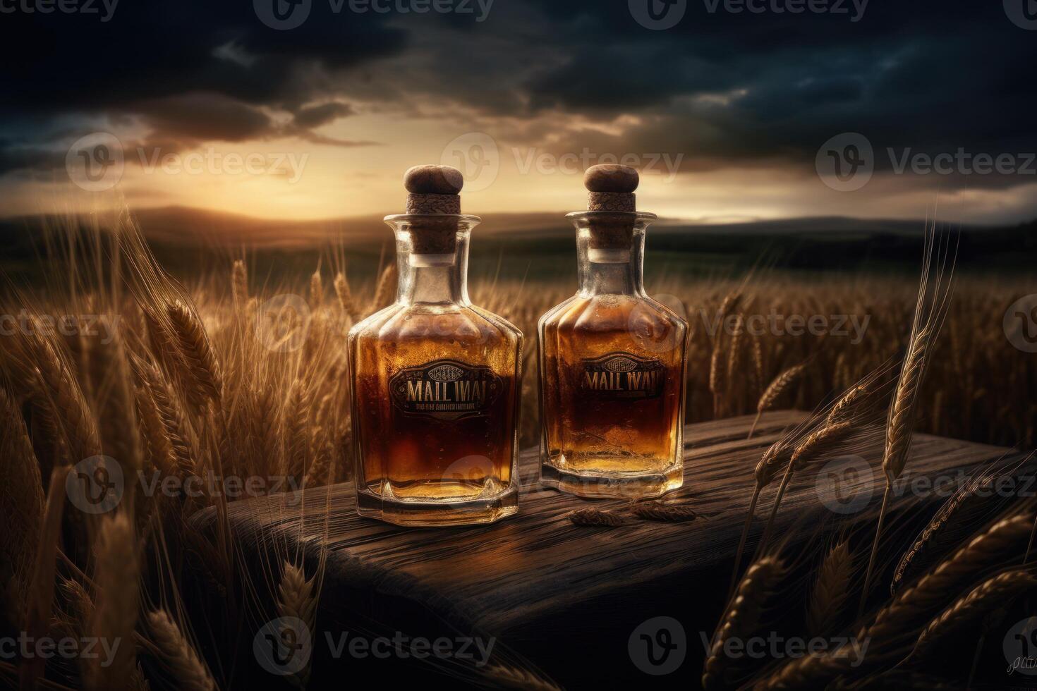 Whiskey glass gleams against a serene wheat field at sunset, nature's harmony. photo