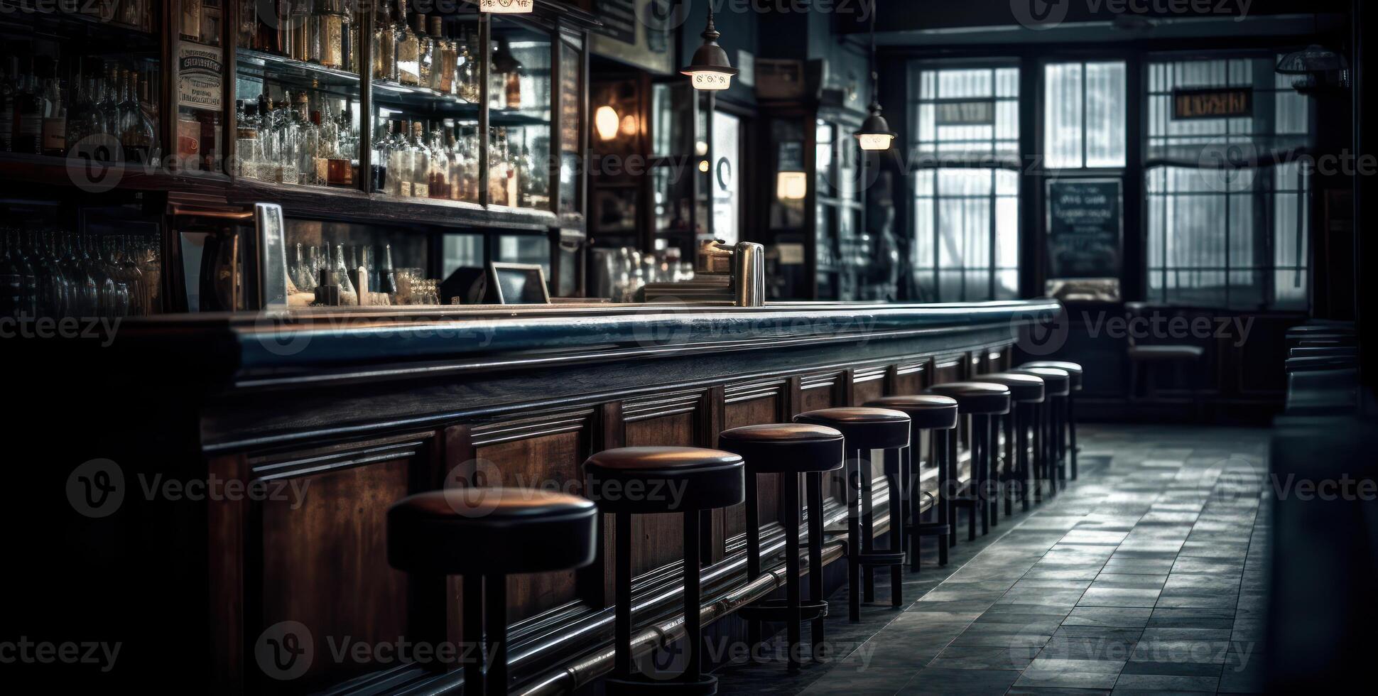 tenuemente iluminado pub interior evoca calor, con sus bar mostrador y de madera sillas. generativo ai foto