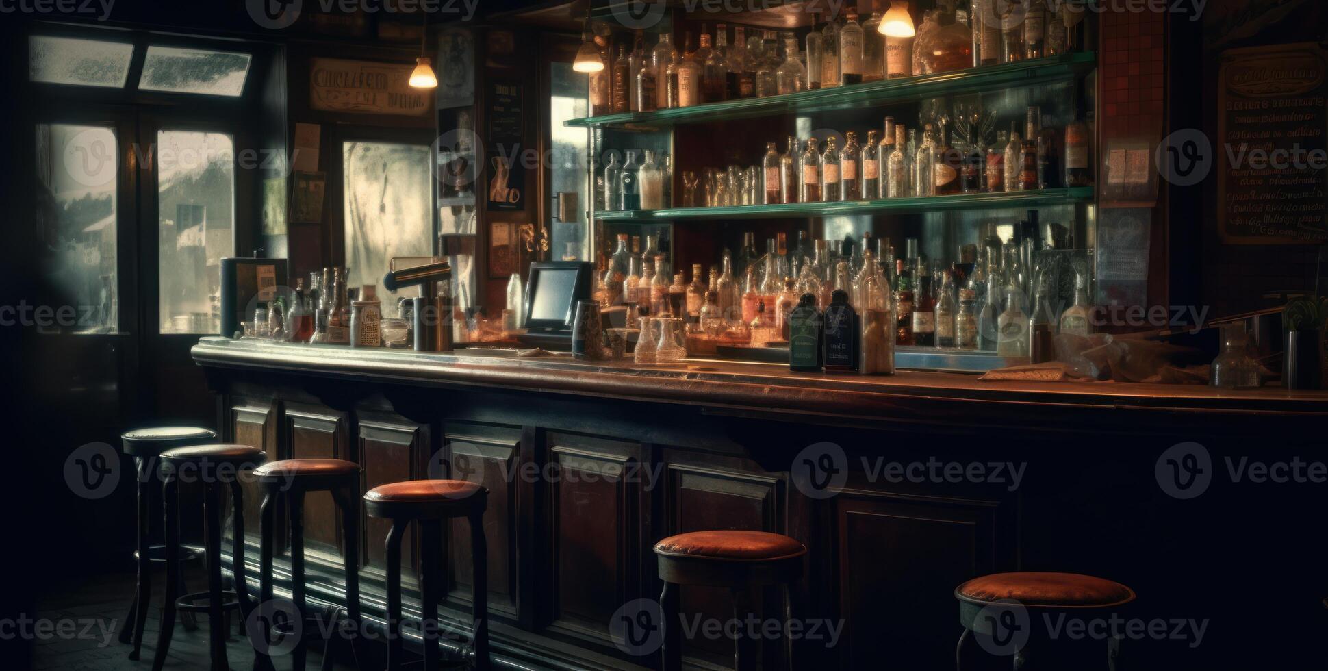 Dimly lit pub interior evokes warmth, with its bar counter and wooden chairs. photo