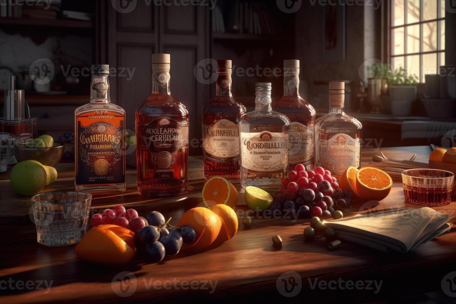 Scotch Whisky bottles line up, ready to grace patrons' glasses in a pub. photo