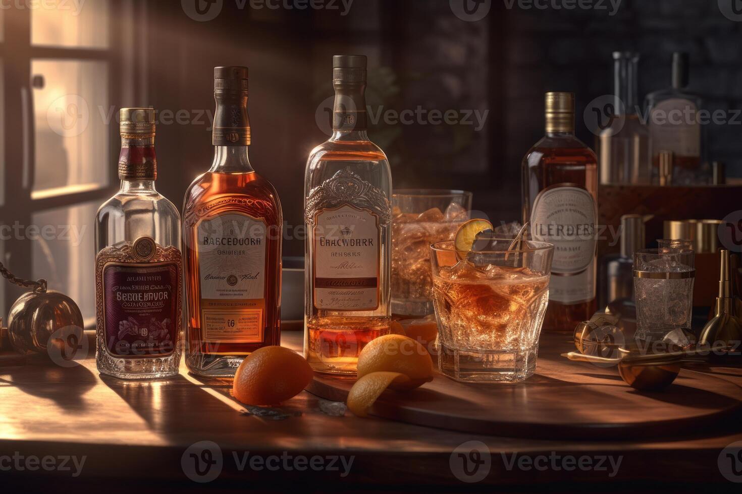 Scotch Whisky bottles line up, ready to grace patrons' glasses in a pub. photo