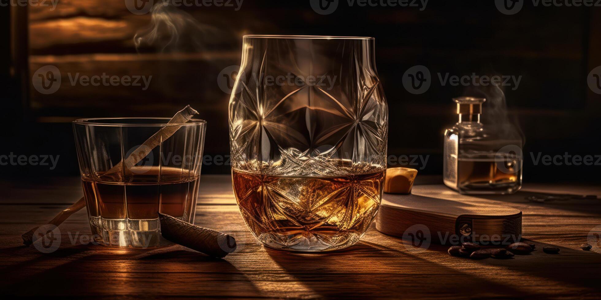 Rich whiskey in a glass, poised elegantly on a wooden table. photo