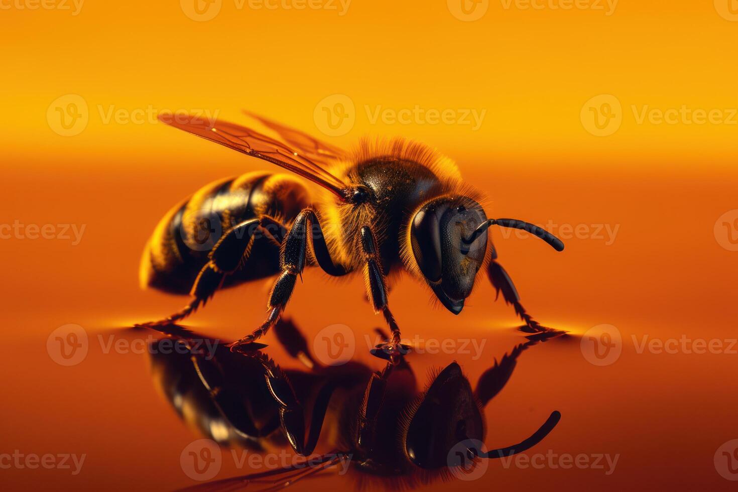 Solo honey bee shines against a dark backdrop, revealing fine details. photo