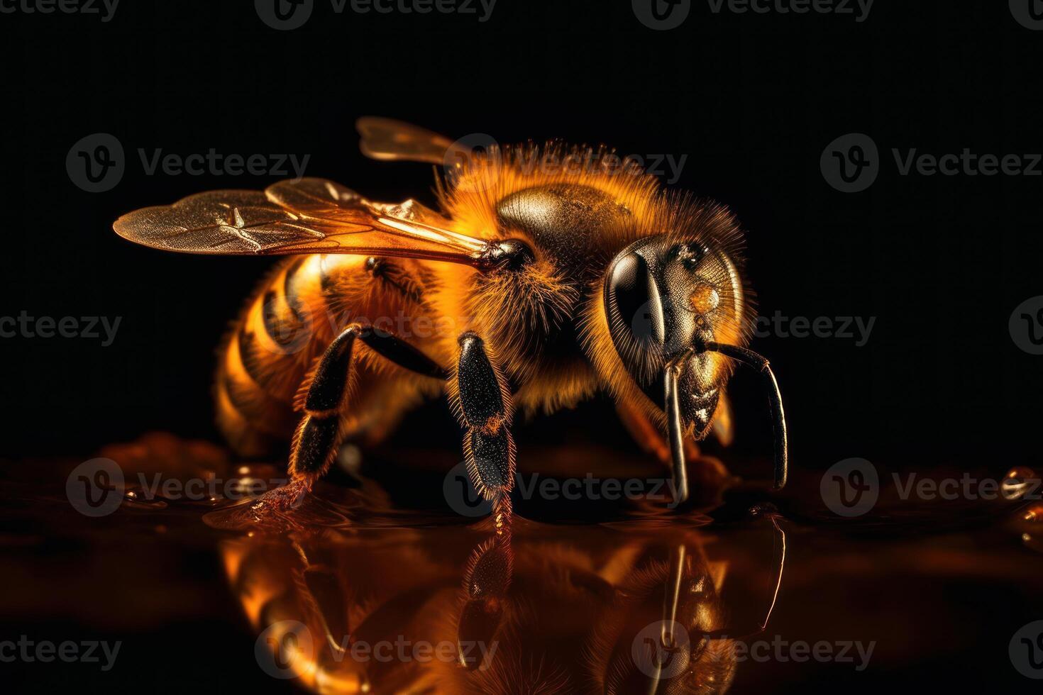 Solo honey bee shines against a dark backdrop, revealing fine details. photo