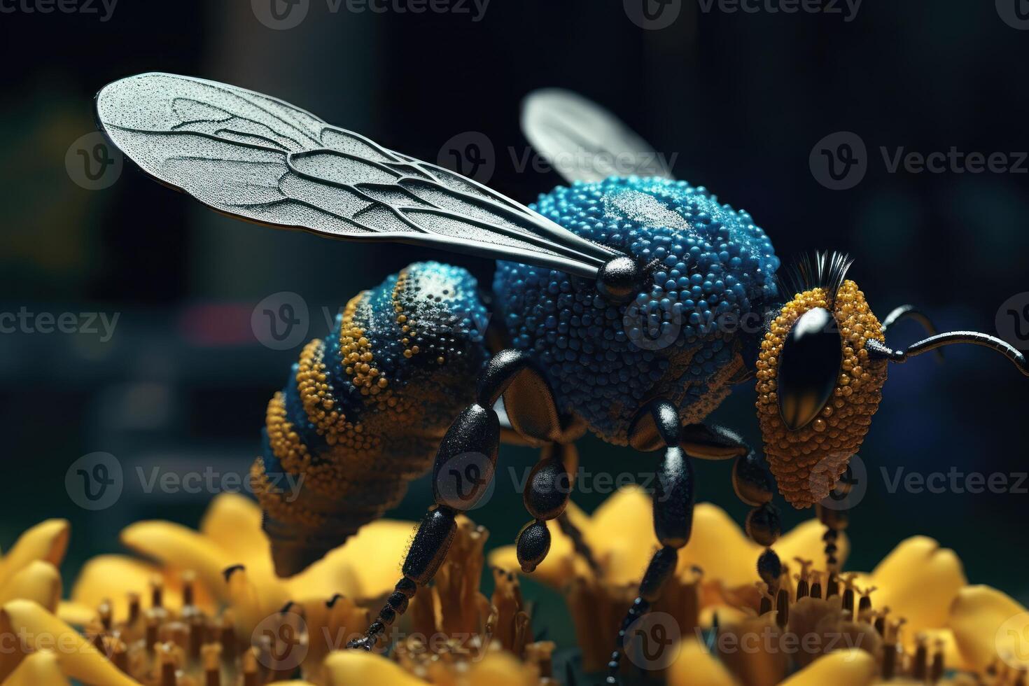 Macro shot of a bee, hard at work gathering nectar on vibrant yellow bloom. photo
