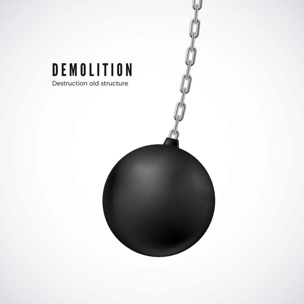 demolición pelota en cadena en movimiento. pesado negro destrozando pelota para edificios destrucción. vector