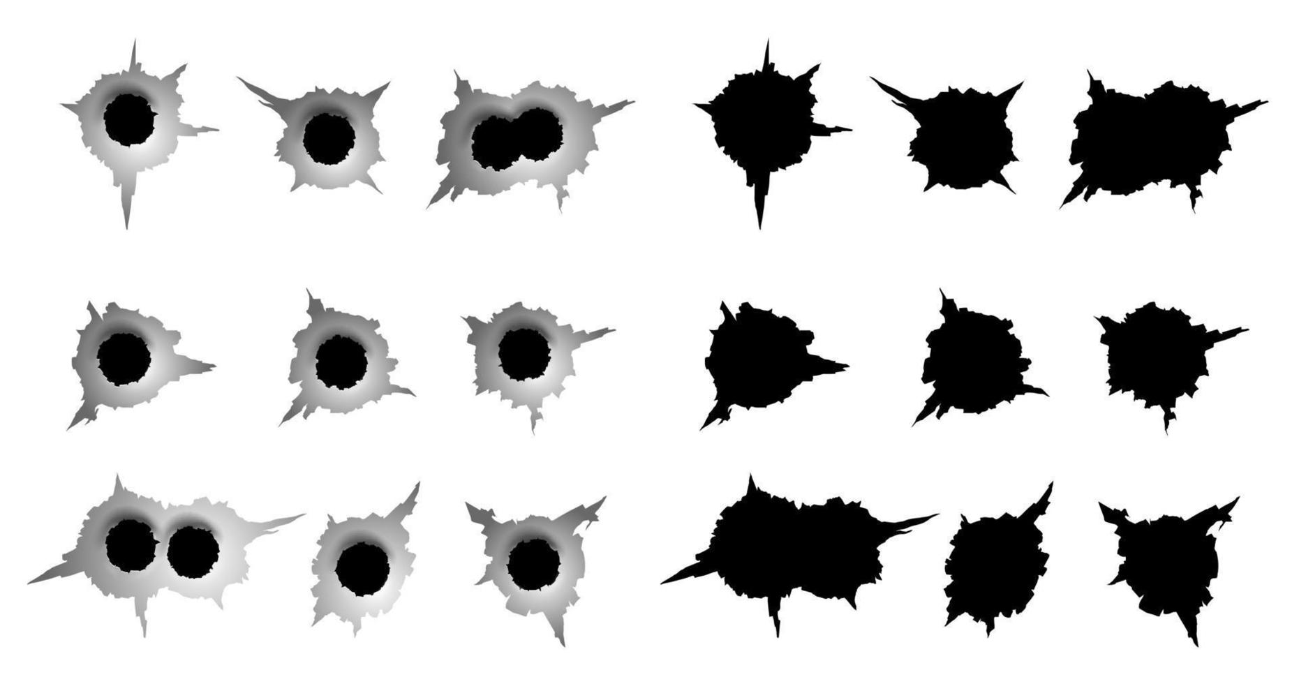 set of bullet holes. different damaged element from bullet on metallic surface. vector illustration
