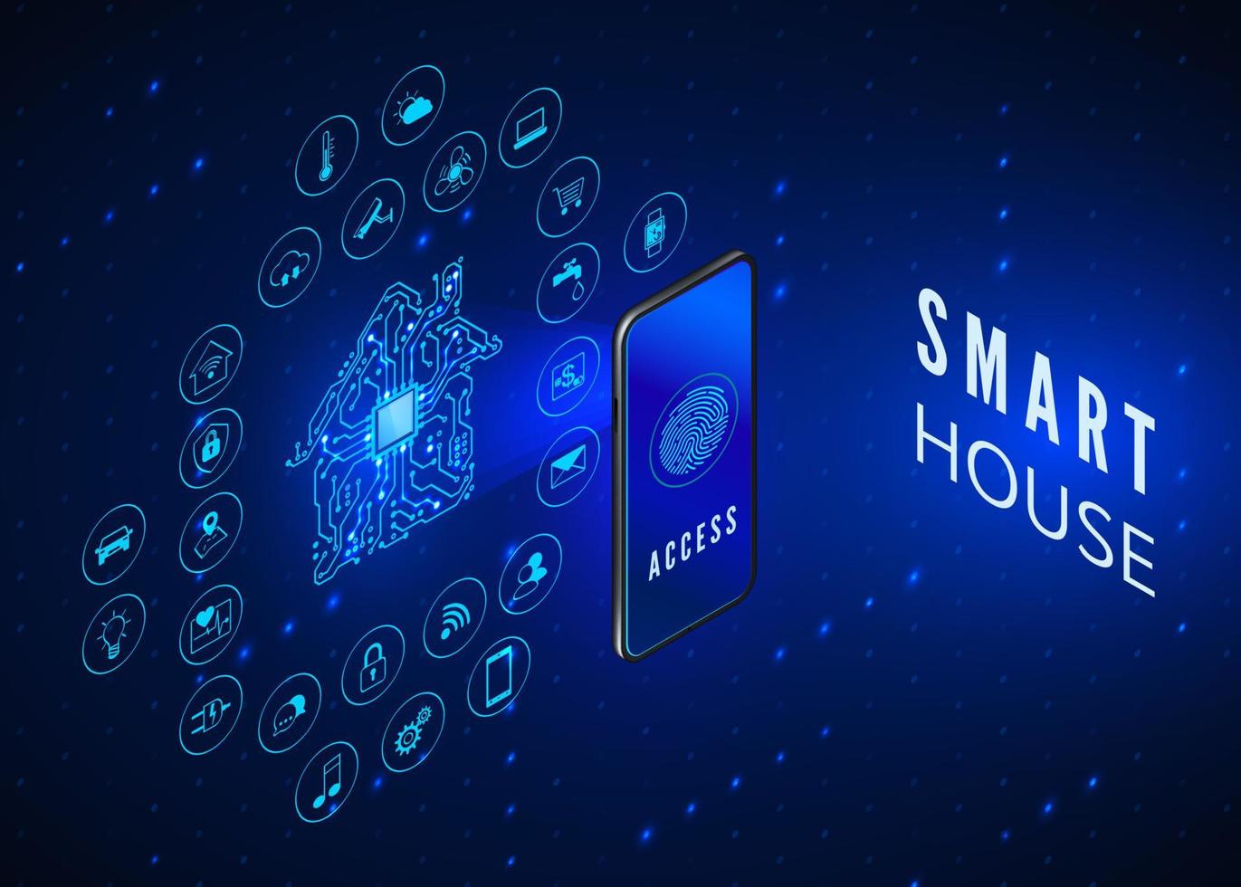 Smart House concept. IOT. Mobile phone monitoring and controls all smart system in house. Access to smart system using smartphone with icons set. Vector illustration