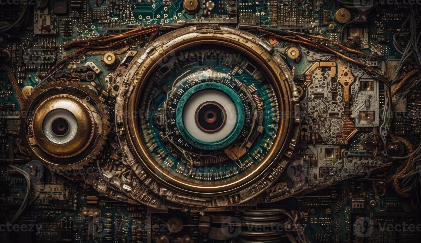 Human eye melds with circuitry, epitomizing technology's reach. photo
