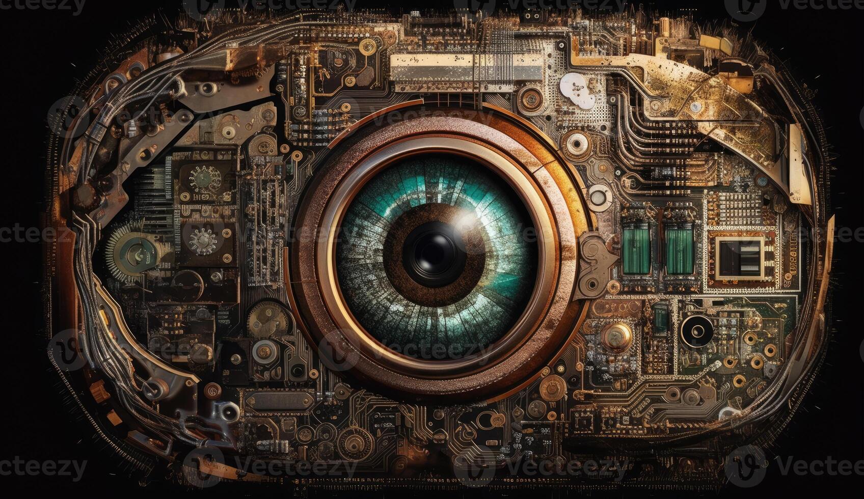 Human eye melds with circuitry, epitomizing technology's reach. photo