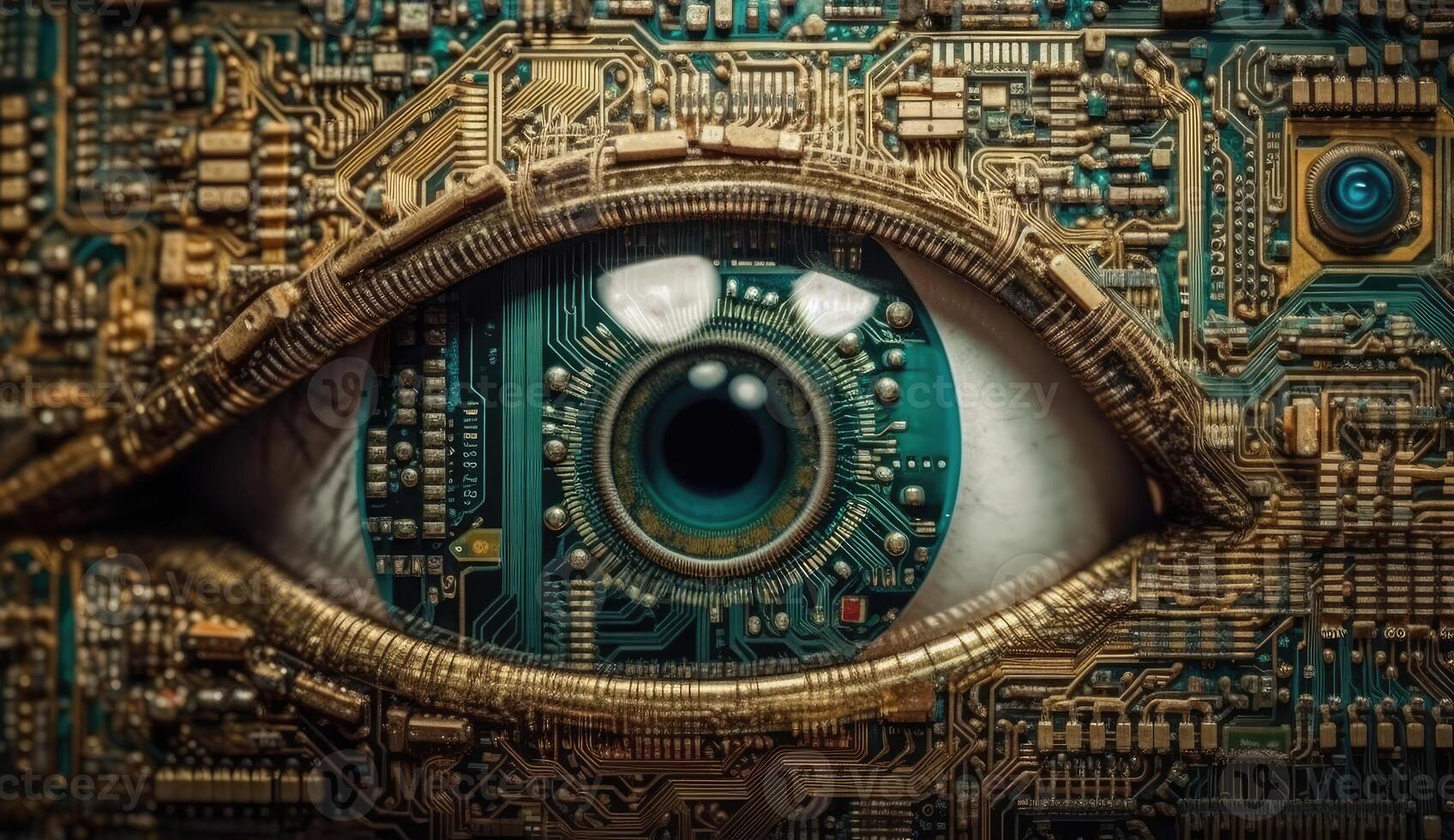 Human eye melds with circuitry, epitomizing technology's reach. photo