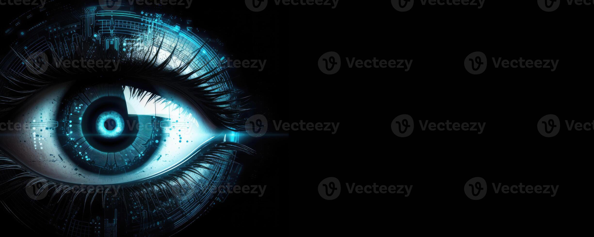 Intricate blend of cyborg female visage and high tech cyber security, AI concepts unite., copy space. photo