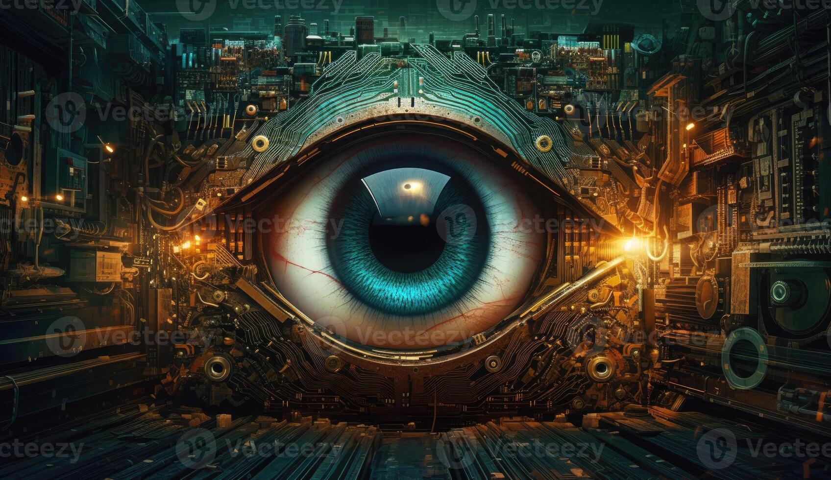 Human eye melds with circuitry, epitomizing technology's reach. photo