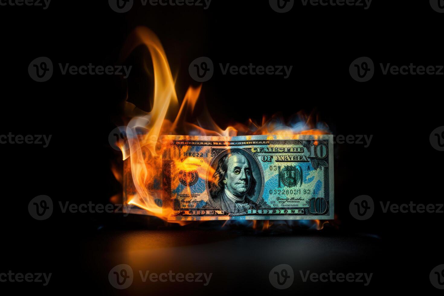 Flames consume dollar bills, symbolizing financial turmoil and loss. photo