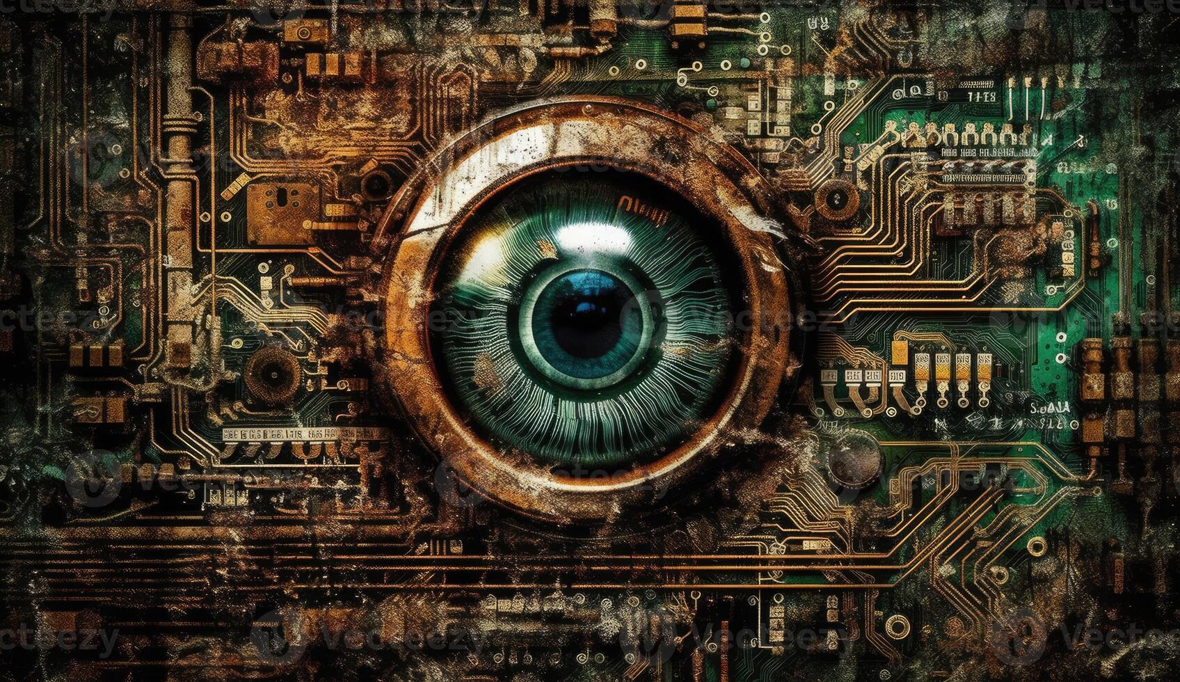 Human eye melds with circuitry, epitomizing technology's reach. photo