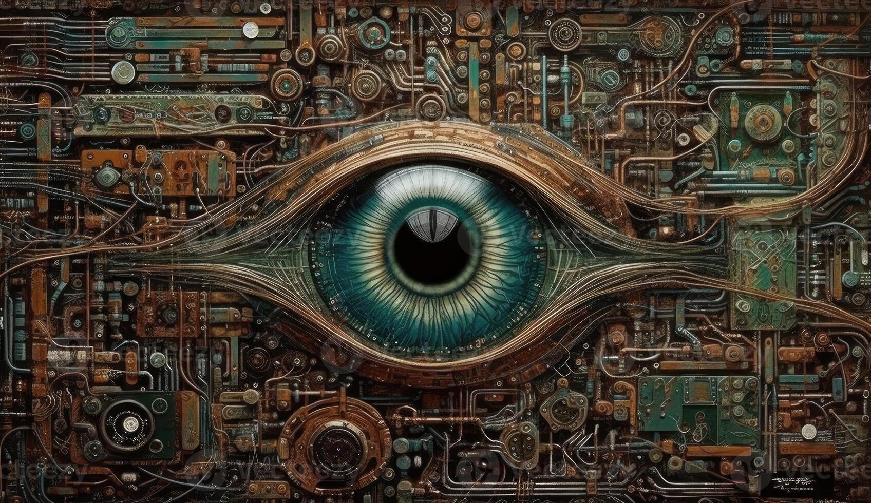 Human eye melds with circuitry, epitomizing technology's reach. photo