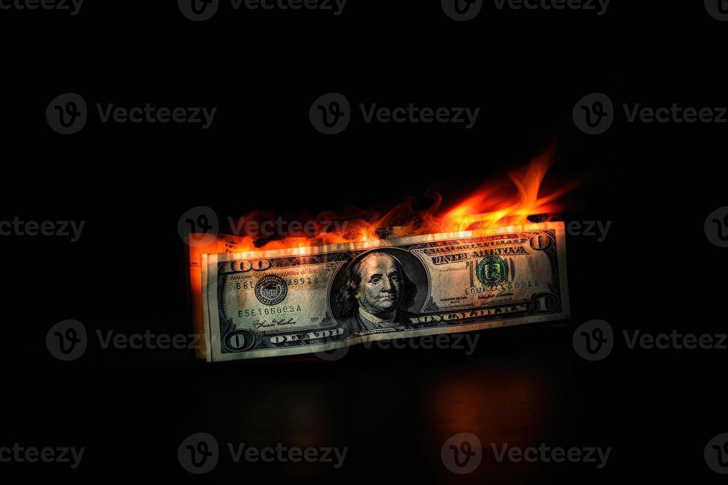 Flames consume dollar bills, symbolizing financial turmoil and loss. photo