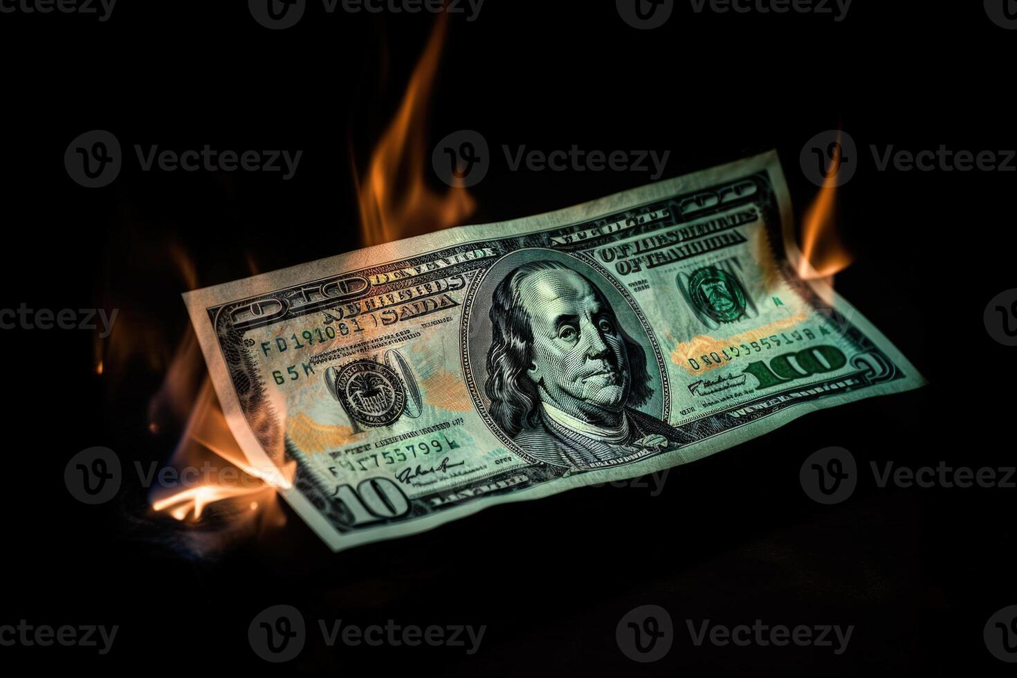 Flames consume dollar bills, symbolizing financial turmoil and loss. photo