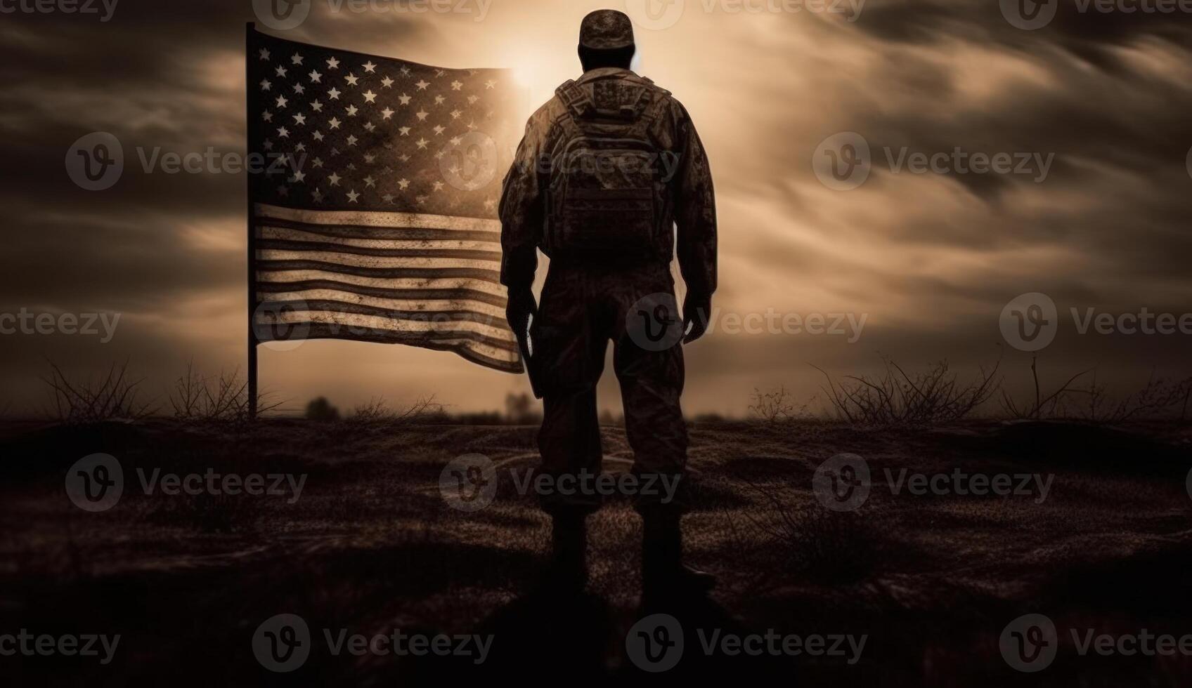 Elite US special forces soldier stands proud before a flag, honoring the fallen. photo