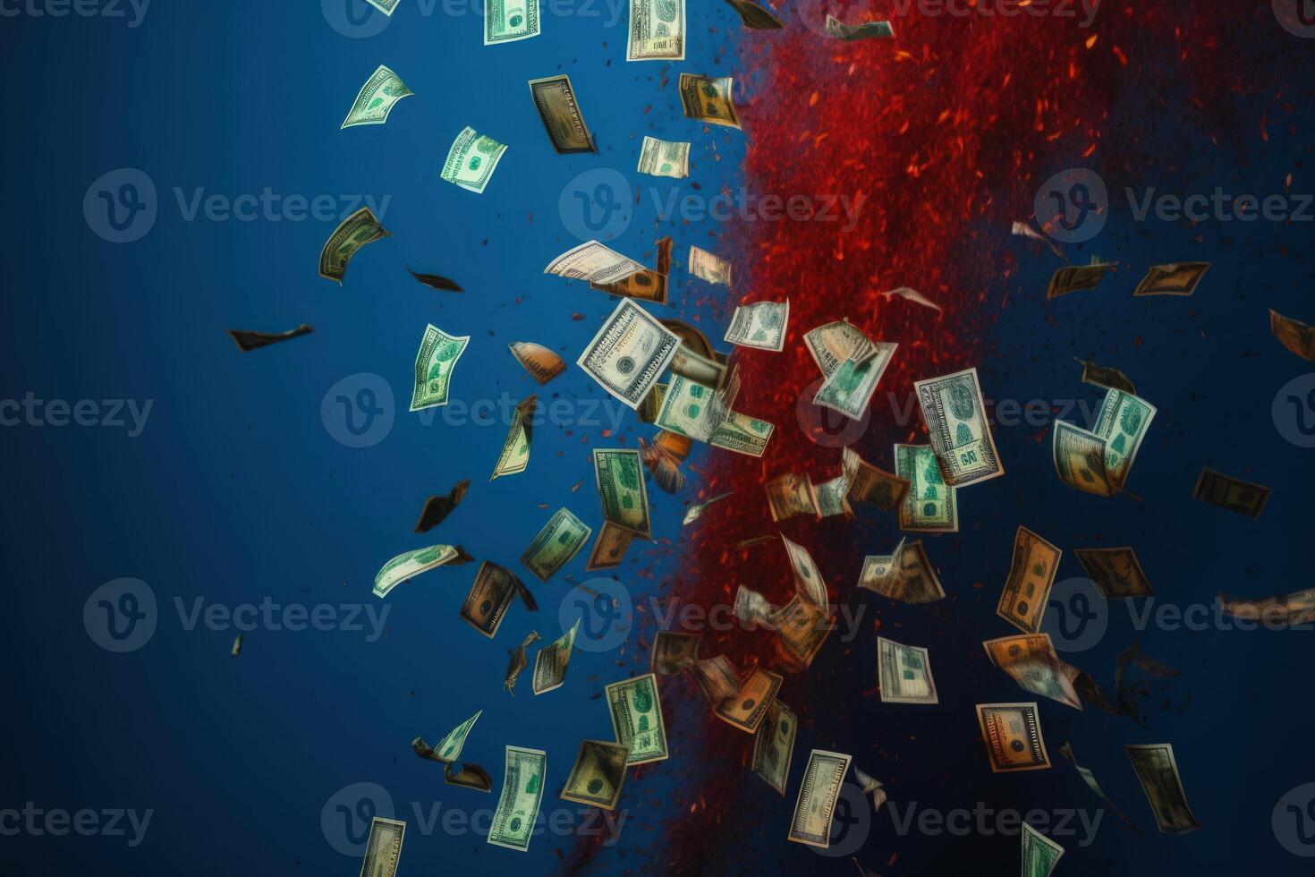 Dollar banknotes soar through the air, epitomizing financial success. photo