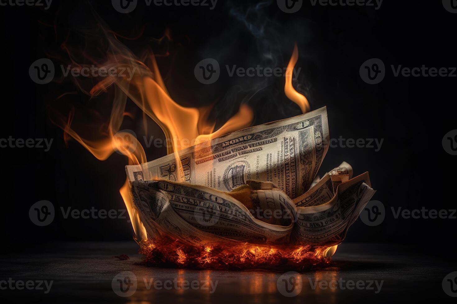 Flames consume dollar bills, symbolizing financial turmoil and loss. photo