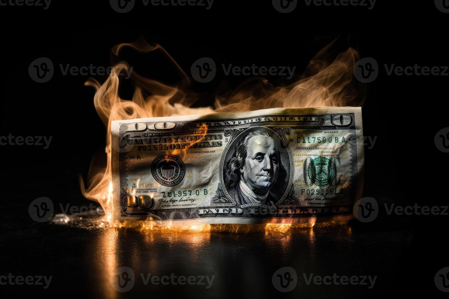 Flames consume dollar bills, symbolizing financial turmoil and loss. photo