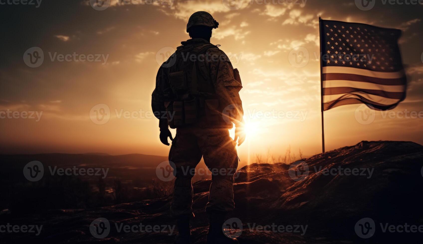 Elite US special forces soldier stands proud before a flag, honoring the fallen. photo