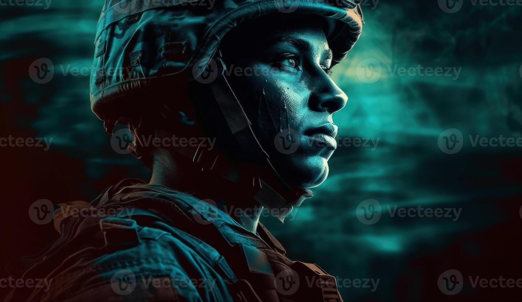 Elite US special forces soldier stands proud before a flag, honoring the fallen. photo