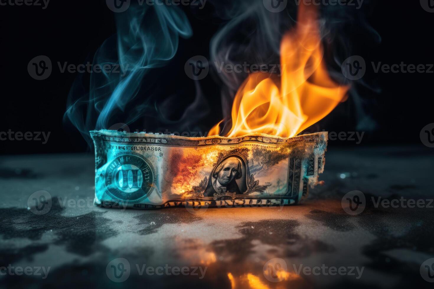 Flames consume dollar bills, symbolizing financial turmoil and loss. photo