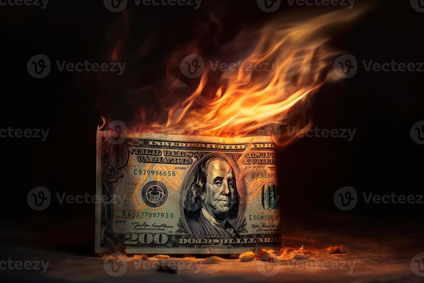 Flames consume dollar bills, symbolizing financial turmoil and loss. photo