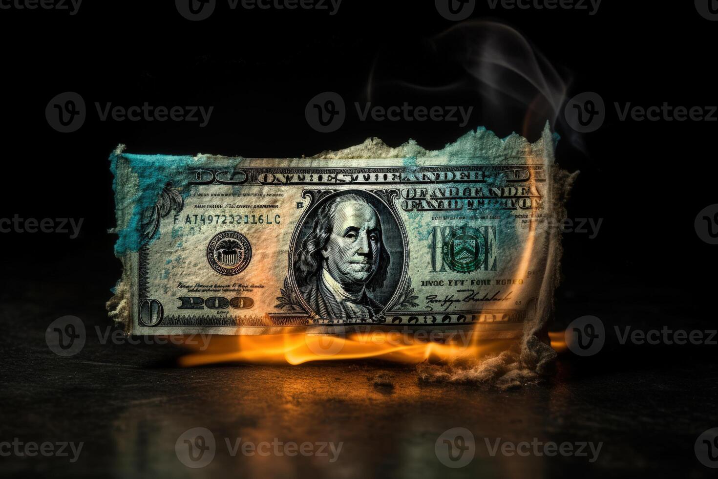 Flames consume dollar bills, symbolizing financial turmoil and loss. photo