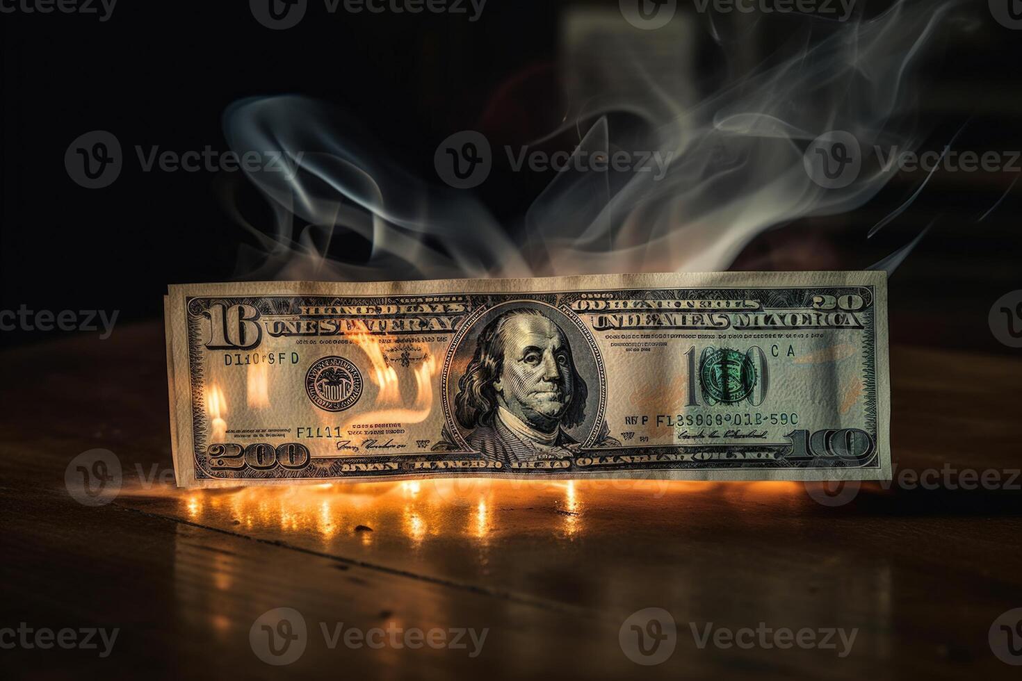 Flames consume dollar bills, symbolizing financial turmoil and loss. photo