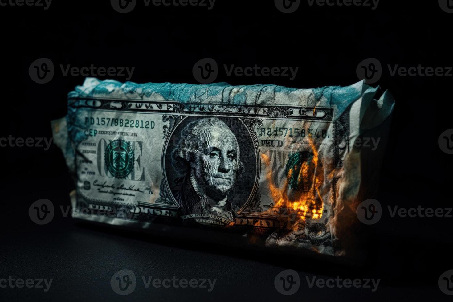 Flames consume dollar bills, symbolizing financial turmoil and loss. photo