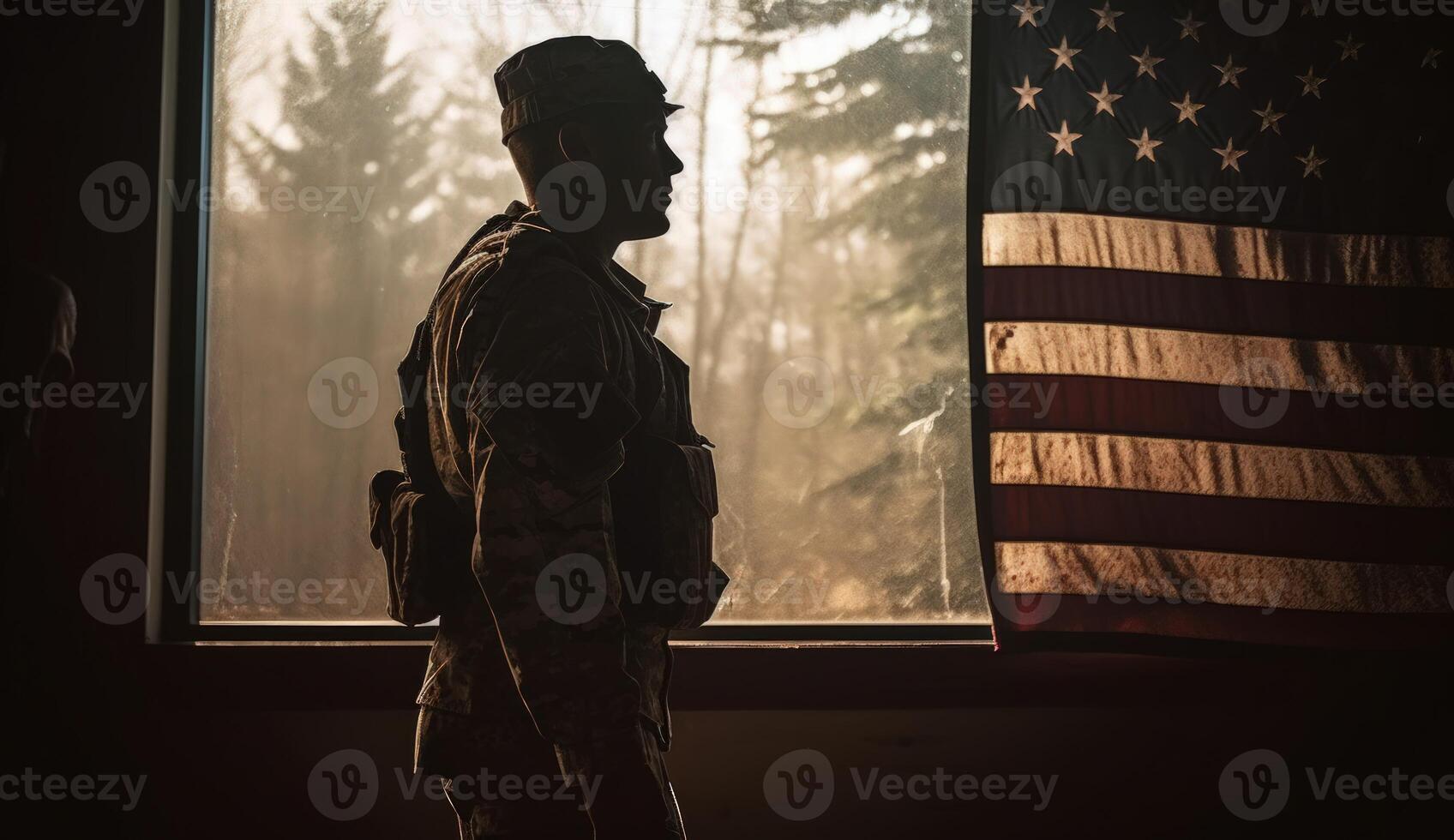 Elite US special forces soldier stands proud before a flag, honoring the fallen. photo