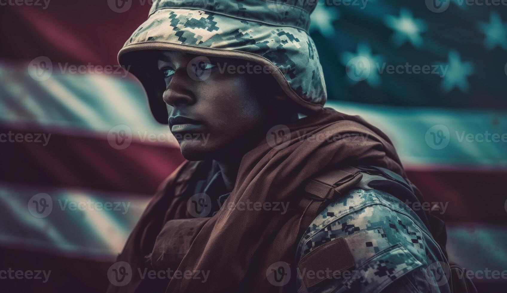 Elite US special forces soldier stands proud before a flag, honoring the fallen. photo