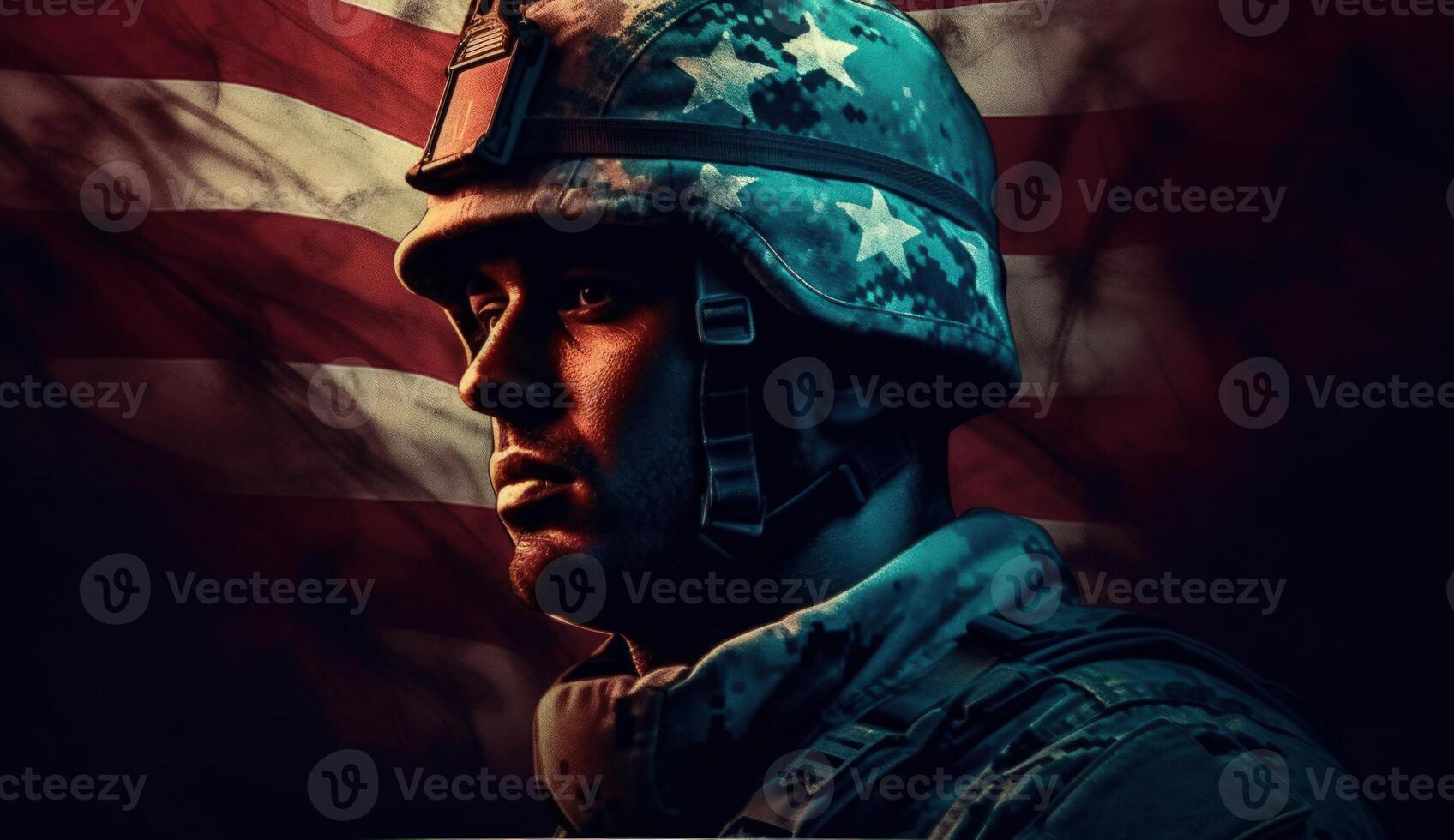 Elite US special forces soldier stands proud before a flag, honoring the fallen. photo