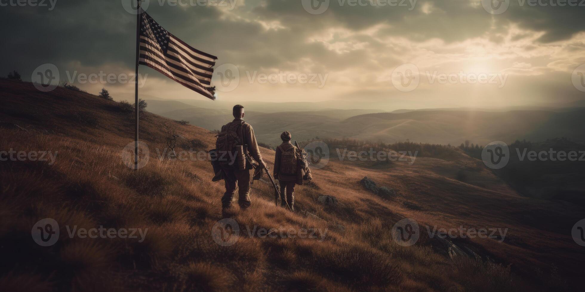 Elite US special forces soldier stands proud before a flag, honoring the fallen. photo