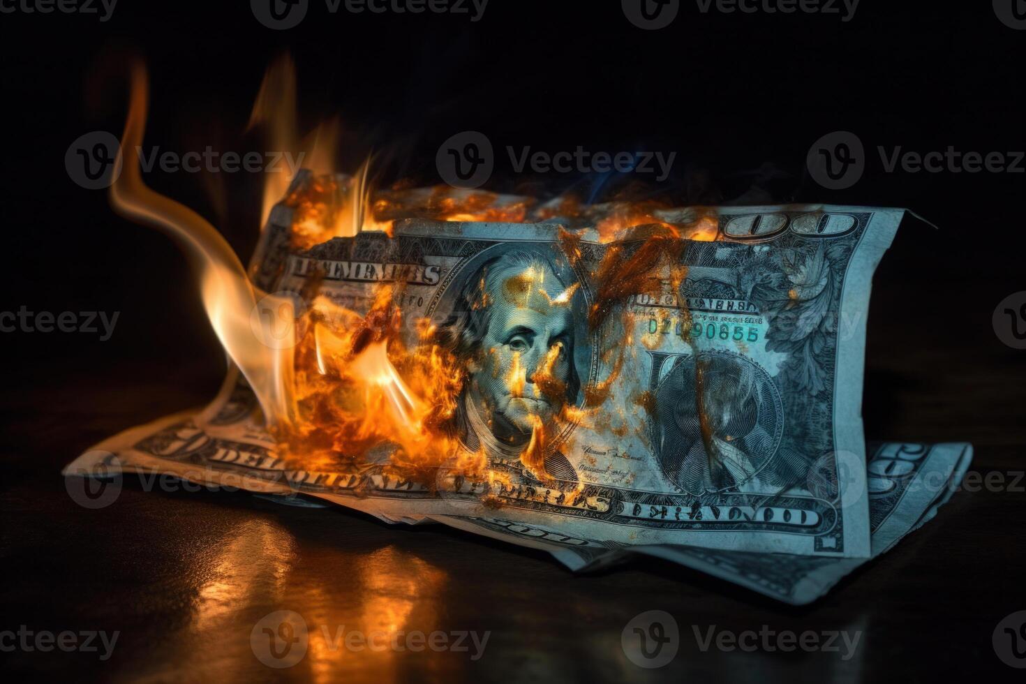 Flames consume dollar bills, symbolizing financial turmoil and loss. photo