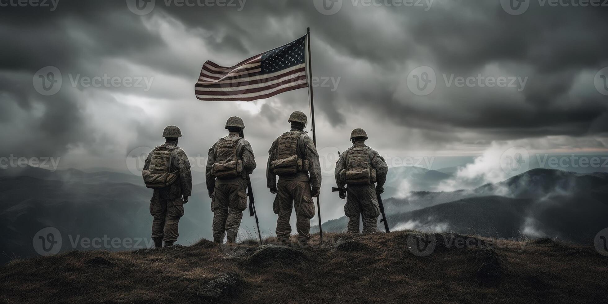 Elite US special forces soldier stands proud before a flag, honoring the fallen. photo