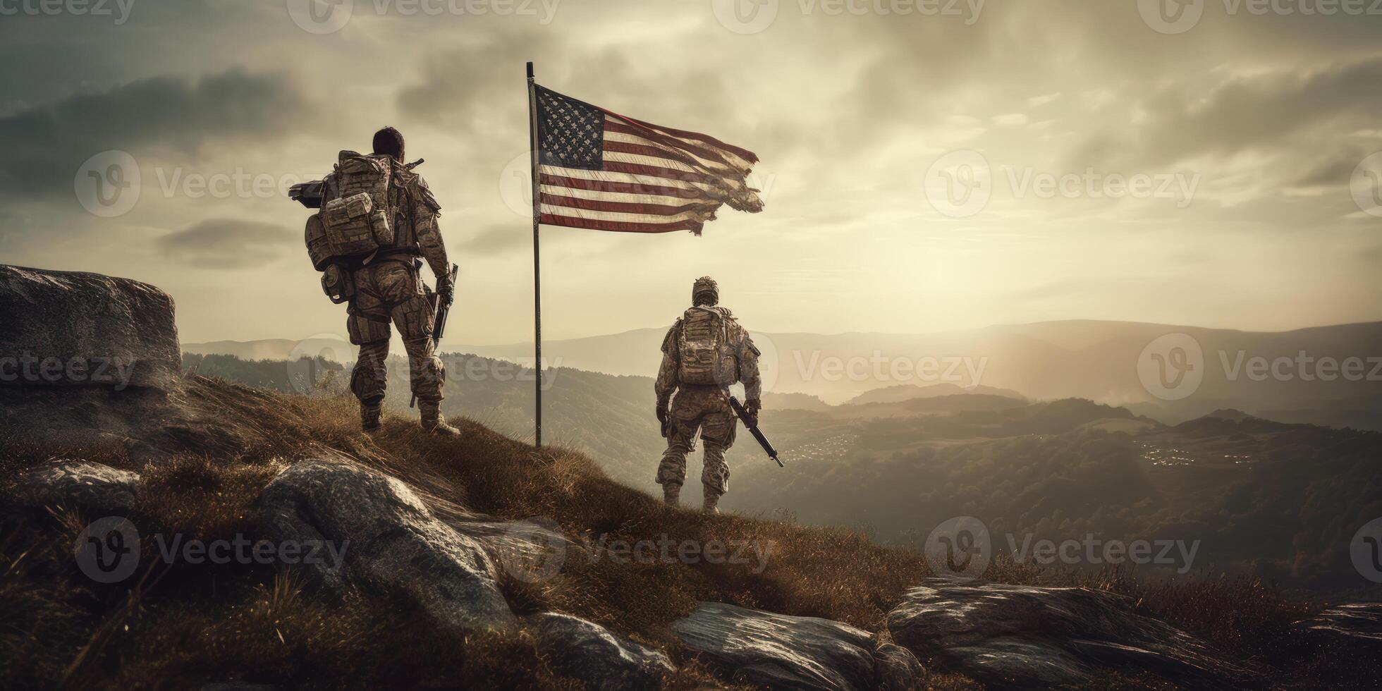 Elite US special forces soldier stands proud before a flag, honoring the fallen. photo