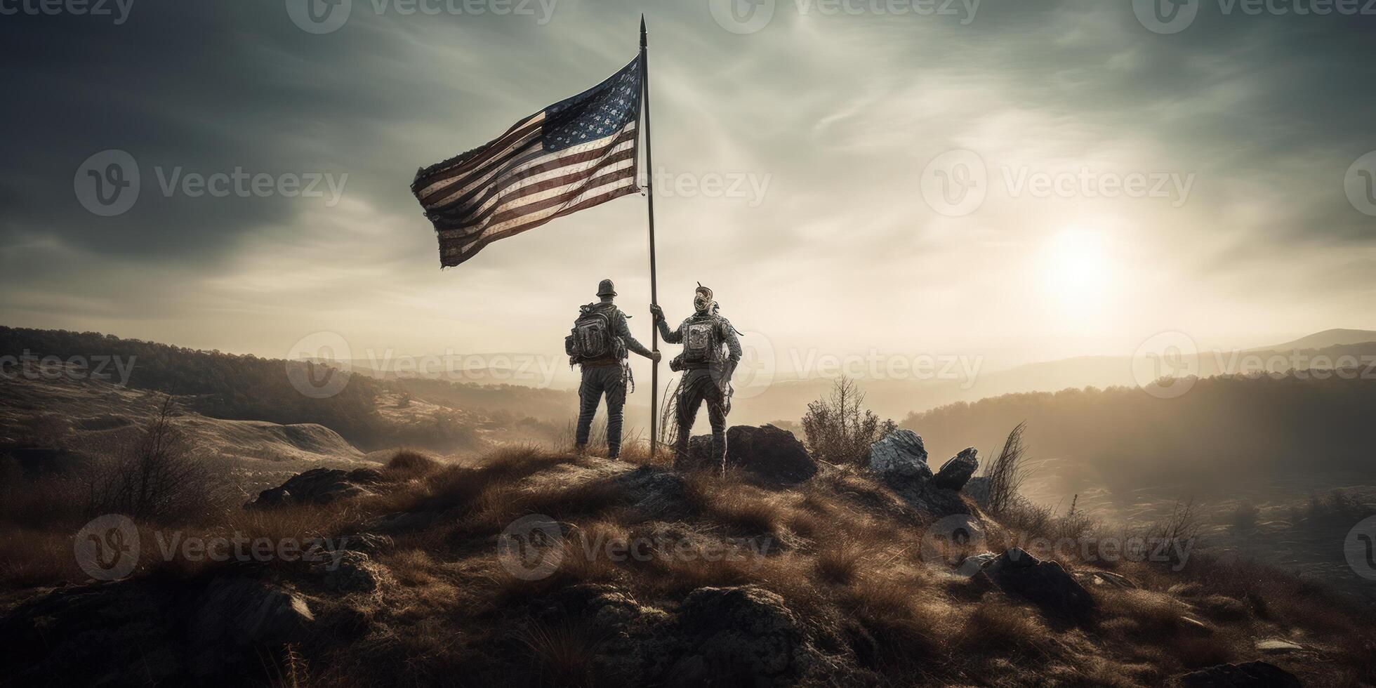 Elite US special forces soldier stands proud before a flag, honoring the fallen. photo