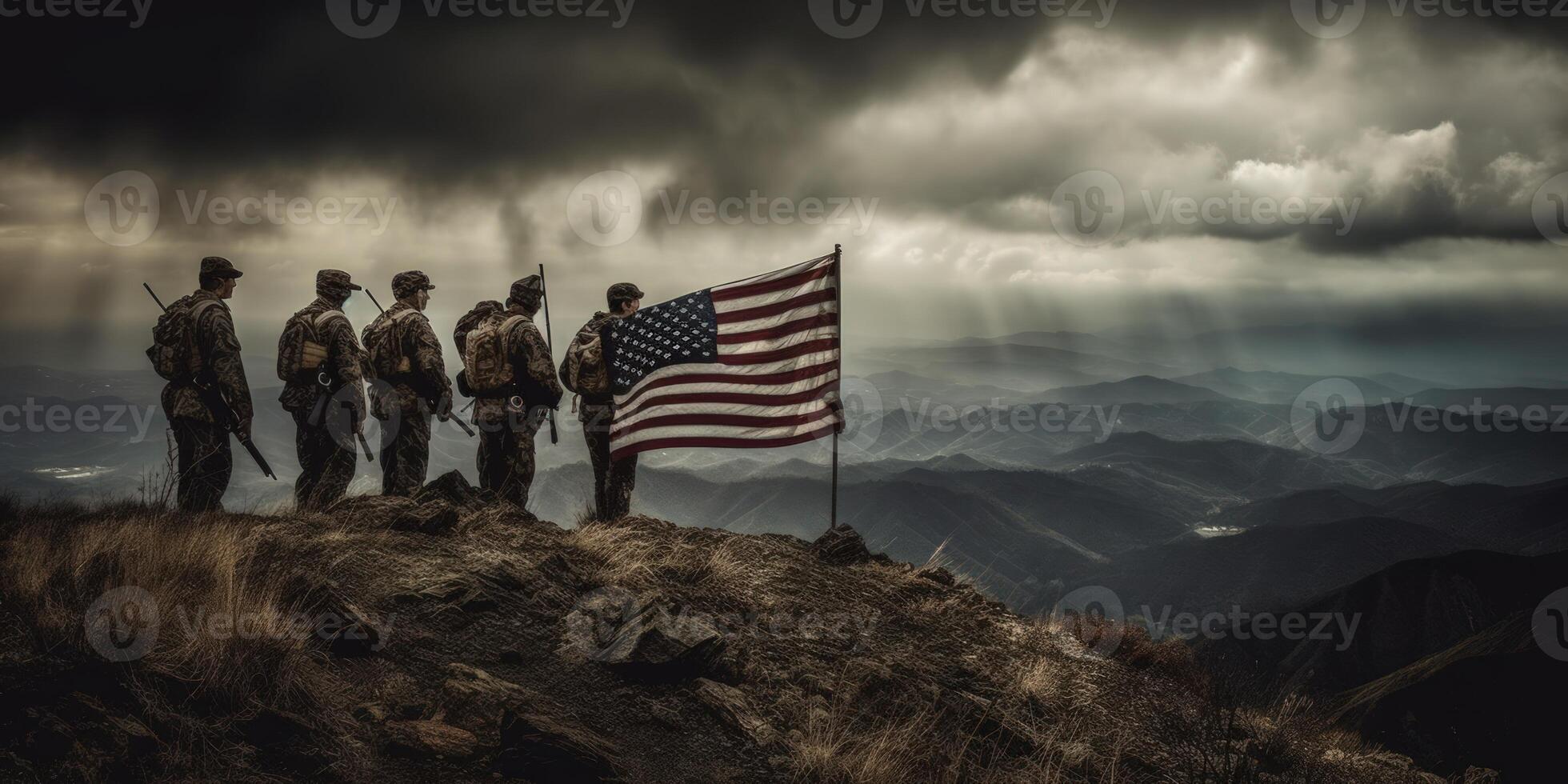 Elite US special forces soldier stands proud before a flag, honoring the fallen. photo