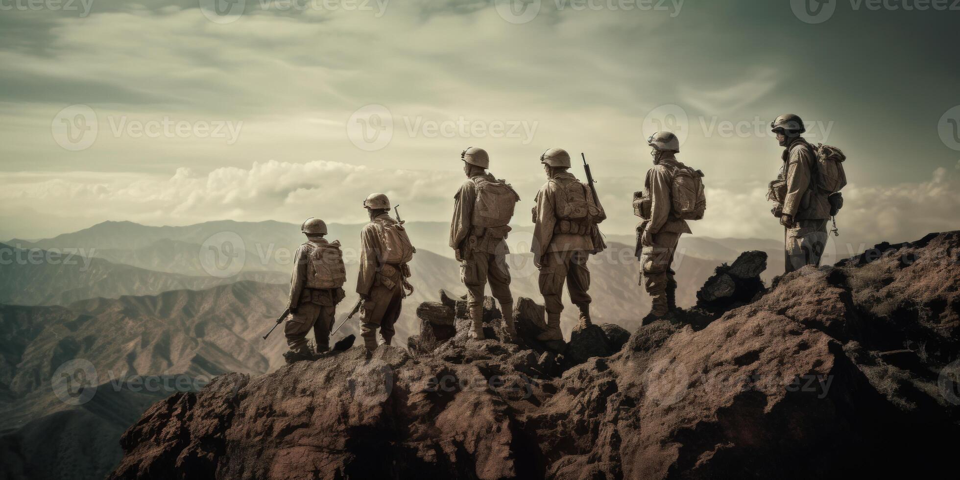 Elite US special forces soldier stands proud before a flag, honoring the fallen. photo