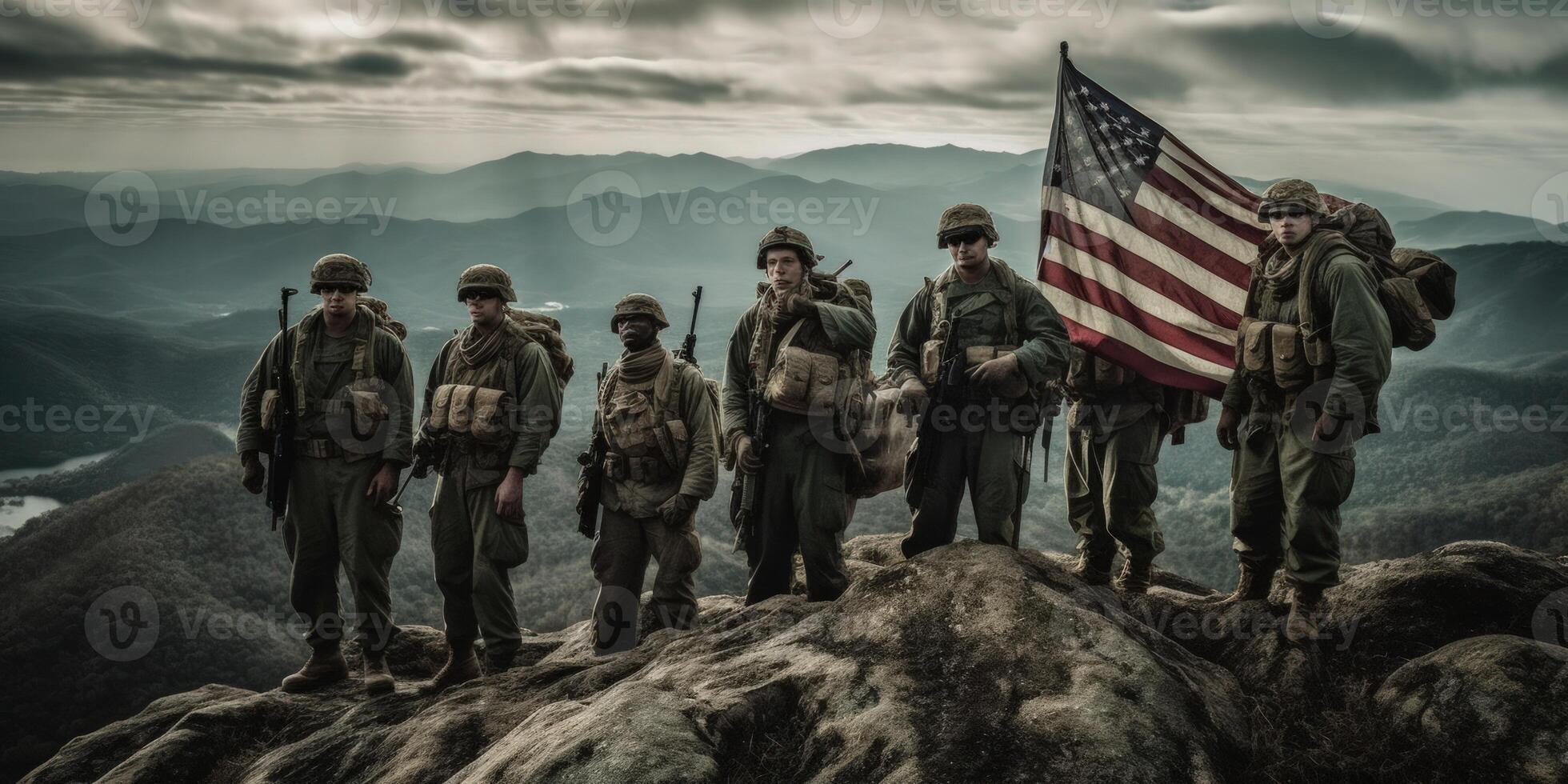 Elite US special forces soldier stands proud before a flag, honoring the fallen. photo