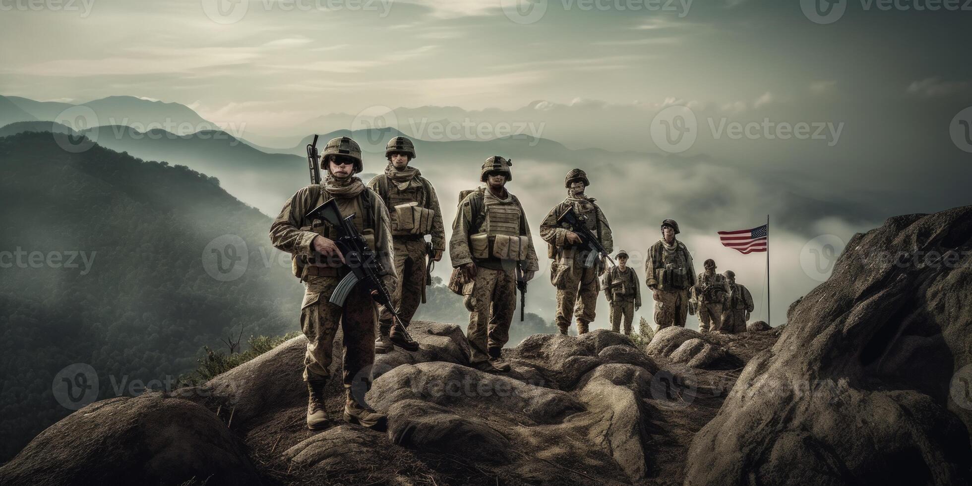 Elite US special forces soldier stands proud before a flag, honoring the fallen. photo