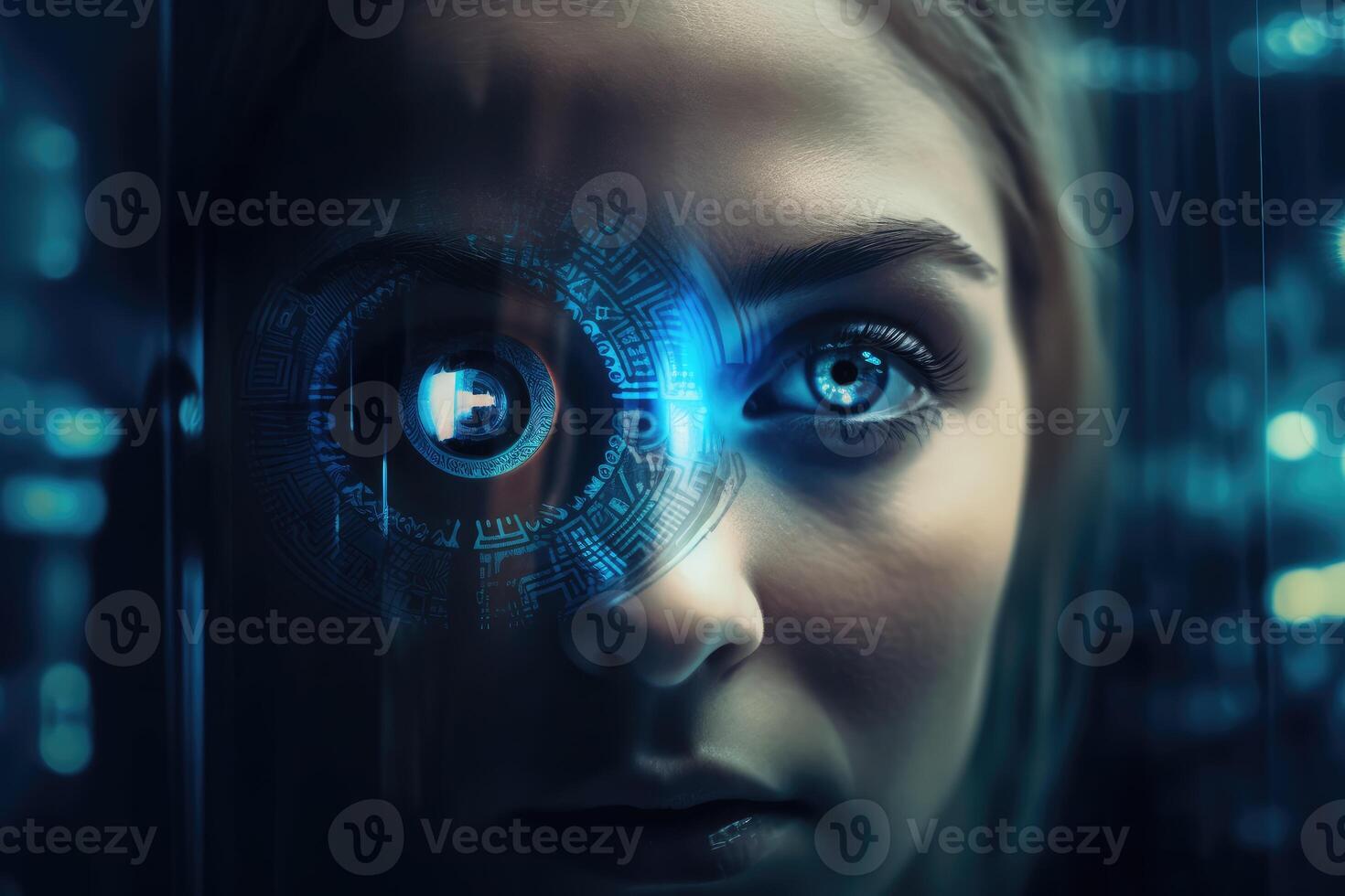 Intricate blend of cyborg female visage and high tech cyber security, AI concepts unite. photo