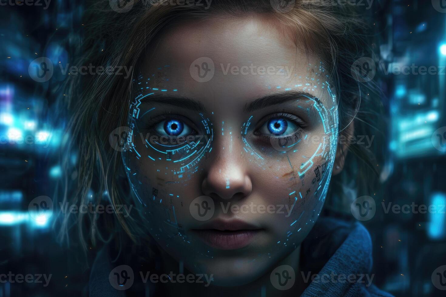 Intricate blend of cyborg female visage and high tech cyber security, AI concepts unite. photo