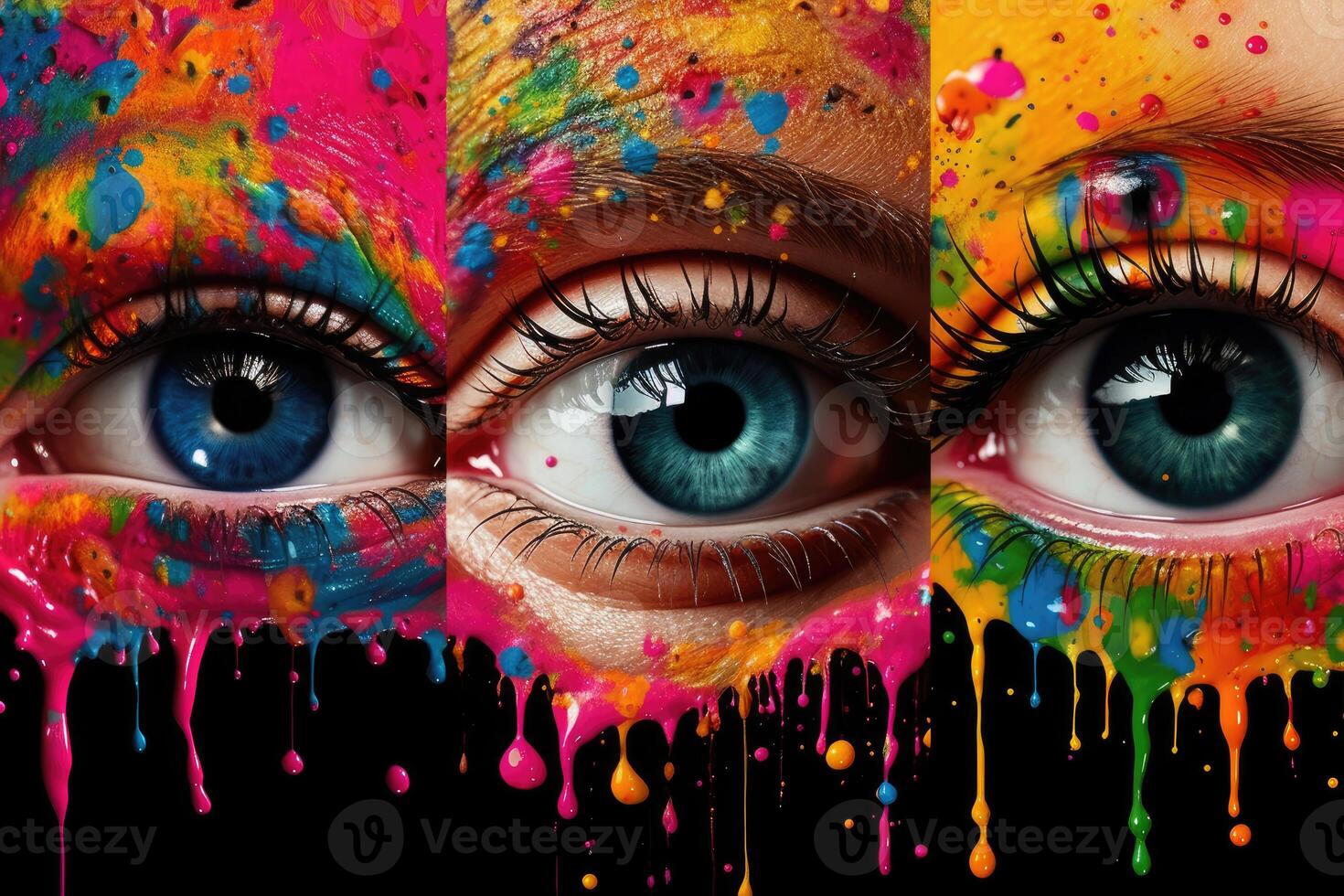 Vibrant multicolored makeup adorns a woman's eye, celebrating LGBTQ pride. photo