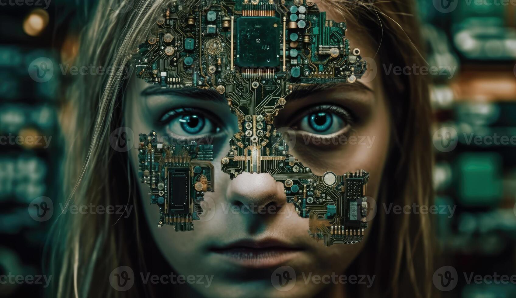 Intricate blend of cyborg female visage and high tech cyber security, AI concepts unite. photo