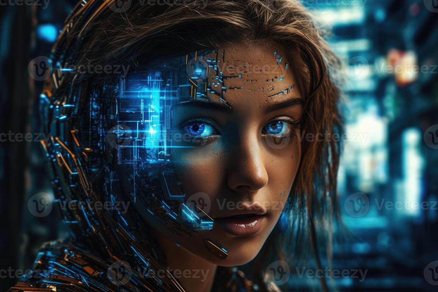 Intricate blend of cyborg female visage and high tech cyber security, AI concepts unite. photo